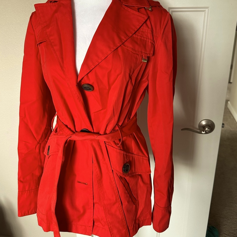 Ellen Tracy, Size Medium, Trench Coat w/ Hood, Blood Orange